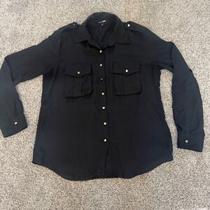 Fashion Nova Womens XL Black Utility Button Down Shirt Long Sleeve Gold Sheer